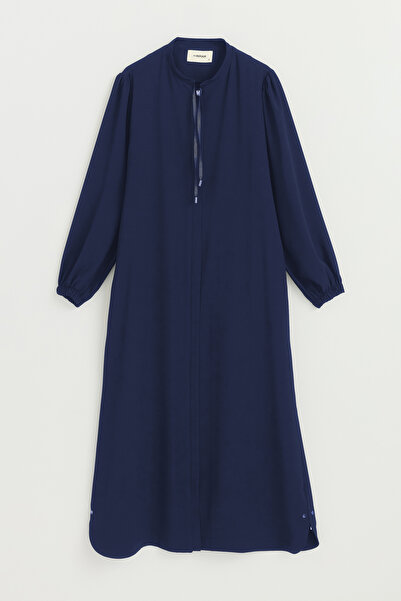 Nihan Plus Size Lace Detailed Robe - Navy Blue