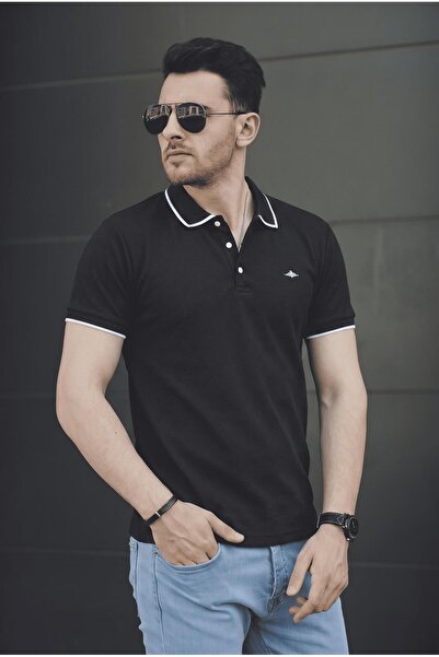Oksit Lufy Snap Fastener Men's Textured Polo Collar T-Shirt - Stripe Detail