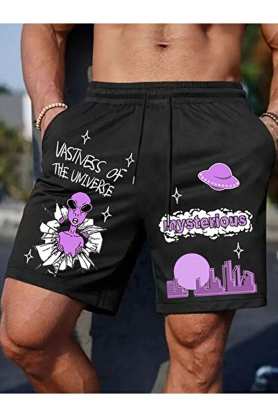 COZYWEAR شورت رجالي أسود مطبوع بتصميم الفضاء