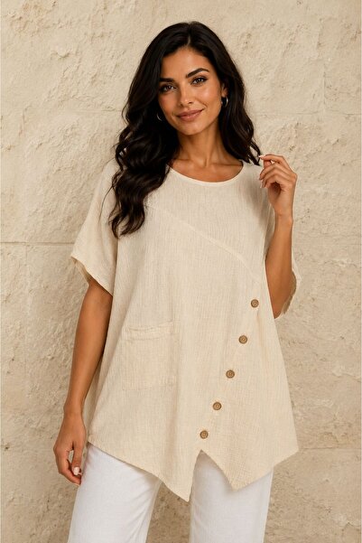 AGORATEKSTİL Women's Button Detailed Pocketed Cotton Oversize Blouse 44-50