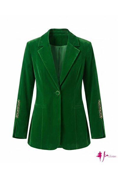 JİN BUTİK Kol Detaylı Taşlı Kadife Yeşil Blazer Ceket