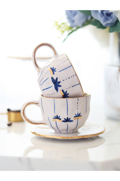 ada mia seramik Set of 2 Handmade Ceramic Cups with Stripes 140ml