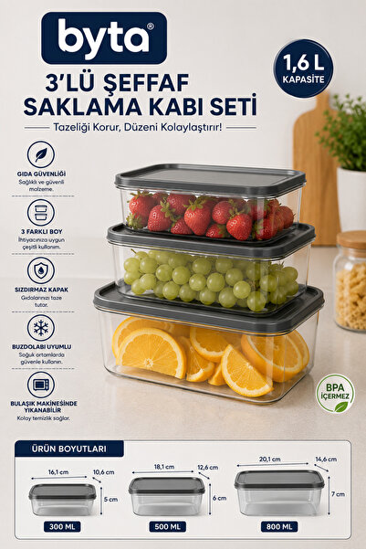BYTA 3-Piece Rectangular Food Storage Container Set 300 ml + 500 ml + 800 ml ...