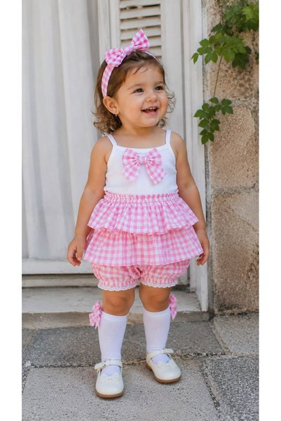 TREND NATURAL Baby Girl 4-Piece Summer Set Cotton Badi Ruffle Shorts Skirt Hair Band and Socks Pink Red Blue