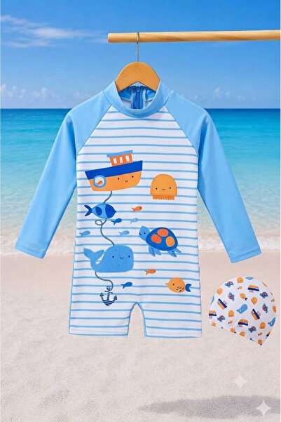 CHİCKİDSWEAR Erkek Çocuk Uzun Kollu Şortlu Tulum Mayo Ve Bone Seti uv Korumalı
