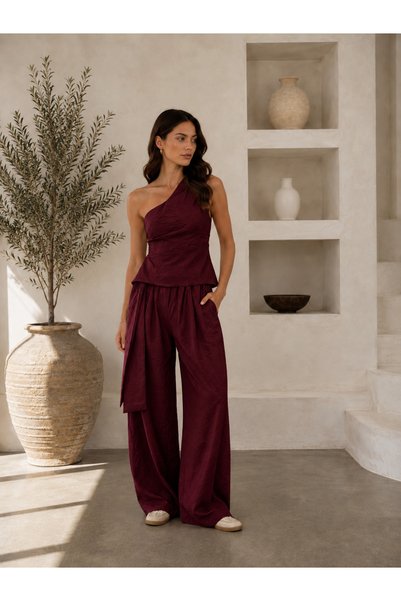 BEYUSİRA Single-Shoulder Blouse and Wide-Leg Pants Two-Piece Set – Stylish an...