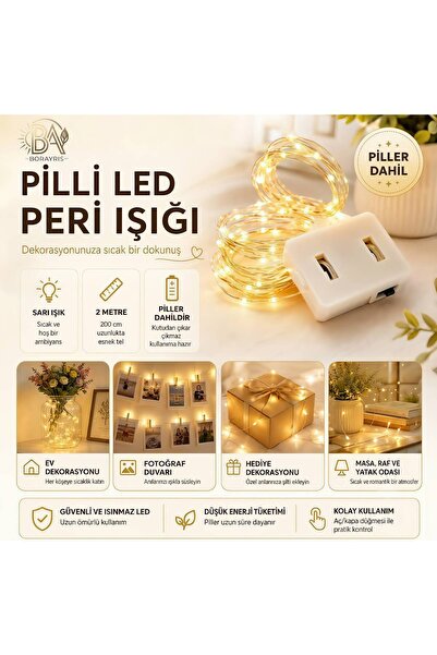 borayris Pilli Peri Led Işık 2 Metre - Sarı Renk Dekoratif Aydınlatma
