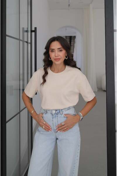 Havoş Stone Color Decorative Stitched Buckle Texture T-Shirt