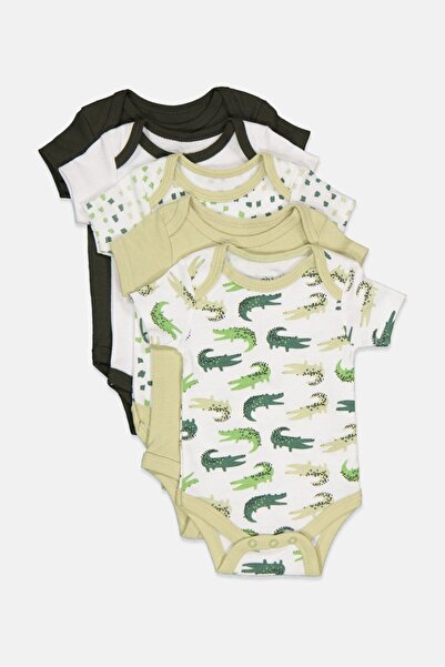 CHICK PEA Toddlers Boy 5 Pack Printed Rompers, Green and White and Combo