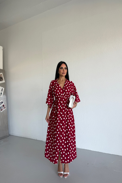 LİLA İSTANBUL Καλοκαιρινό φόρεμα με διπλό γιακά, πουά σχέδιο και ελαστική μέση