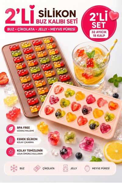 Kitchen Beauty 2'li Silikon Buz Kalıbı Seti 36'lı Ayıcık Şeklinde Buz Jelibon...