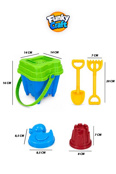 FunkyCraft Small Size Square Sand Bucket Set with Figures |   Children's Beach and Sea Toy |   Shovel Rake Molded Sand Play Set
