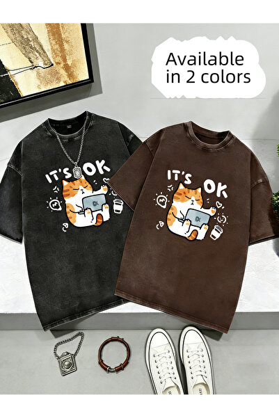 Little YELLOW Duck 230g Water-washed short-sleeved shirt.Men' Minimalist Cat ...