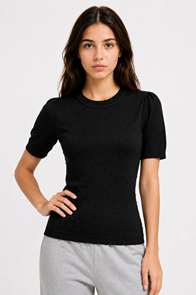 Mixray 2087 Women's Embossed Detailed Short Sleeve Knitwear T-Shirt Black