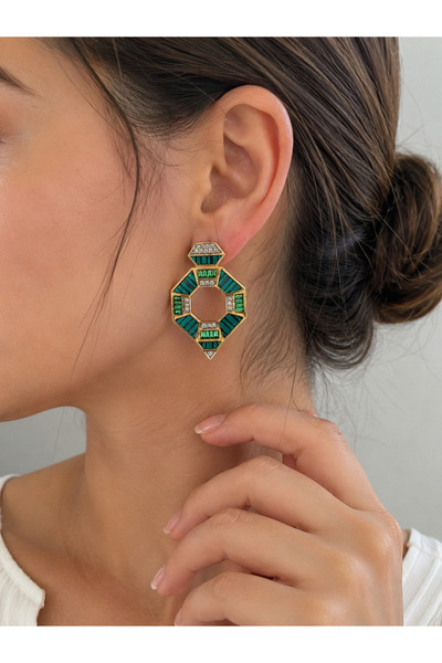 ANKA JEWELLRY Women's Steel Green Enamel Geometric Stone Dangle Earrings