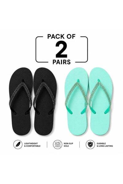 Generic Women's Flip Flops Flat Slippers with Glitter Straps Pack of 2 Black ...