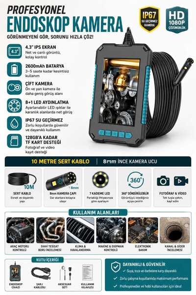 beemen 10 Metre Çift Kameralı Ekranlı Endoskop Kamera 4.3'' IPS LCD 1080P HD 8mm IP67 Su Geçirmez Boru Tesisat Araç Kontrol Kamerası P40