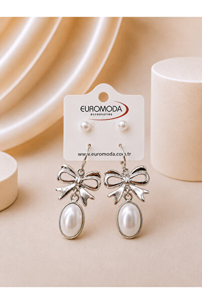 EUROMODA Fiyonk Oval Taş Detaylı İnci Kristal Taşlı 2'li Sallantılı Küpe Seti