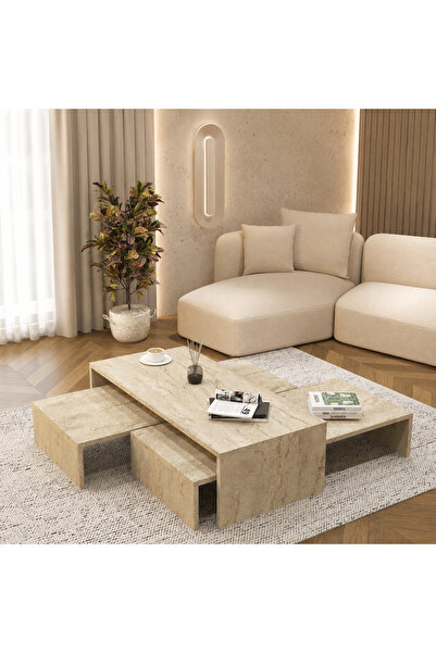 Cool Home Vera 3'lü Orta Sehpa , Servis Sehpası, Traverten (Mermer Desen)