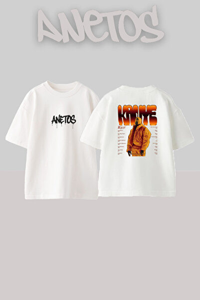 Anetos Kanye West_96 Σχεδιαστικό εμπριμέ μπλουζάκι σε υπερμεγέθη λευκό χρώμα
