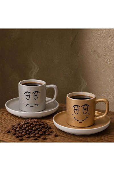 Bk Gift Set of 2 Ceramic Turkish Coffee Cups with Silver and Gold Color Emoji...