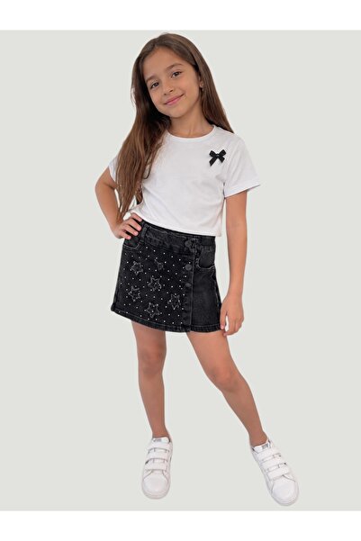 kidsense Girl's Star Appliqued Denim Shorts Skirt with Stone Detail