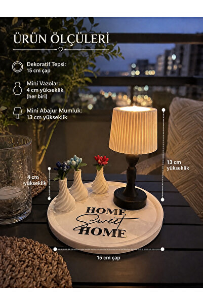 Velzade Home Dekoratif Tepsi Seti - Mini Abajur Mumluk, 3'lü Mini Vazo ve Yuv...