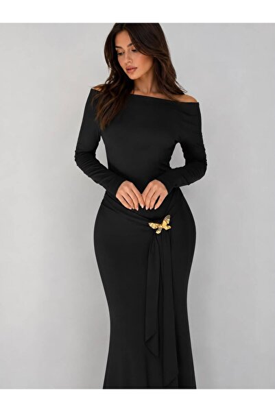 FRO FASHİON Vücuda Oturan Kayık Yaka Gold Kelebek Detaylı Maxi Elbise