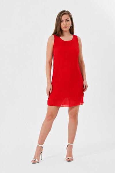 ZY BUTİK Red Sleeveless Pleated Chiffon Short Dress