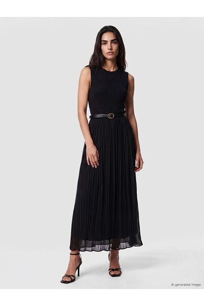 LC Waikiki Lcw Vision Black Crew Neck Pleated Dress with Belted Waist