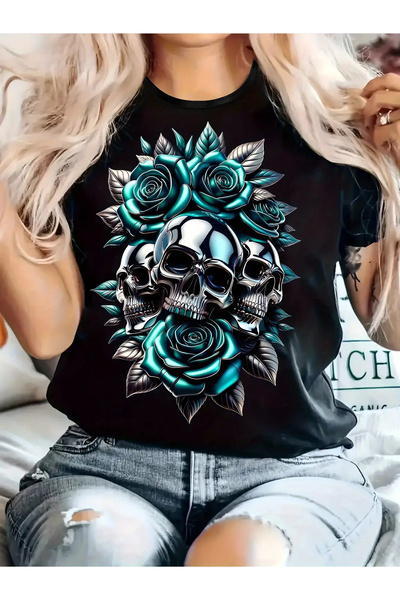 12 Teknoloji Women's T-Shirt - Turquoise Blue Black Geometric Rose & Skull Pr...