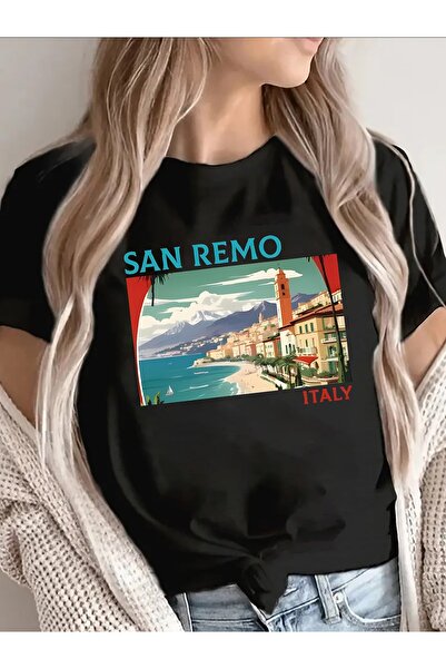BASEPULSE تي شيرت نسائي قطني بأكمام قصيرة مطبوع عليه San Remo Italy Travel Pr...