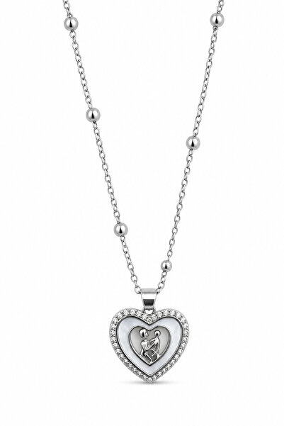 Jack Ferrero Mother Child Figured Heart Necklace with Stones in Gray Color Sp...