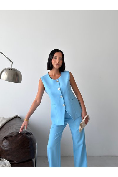 Bukamiss Vestă cu nasturi aurii pentru femei, pantaloni, set din două piese - Albastru bebeluș