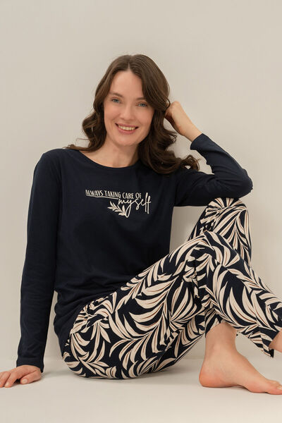 Arnetta Women's Care Yourself Navy Blue Long Sleeve Pajama Set Ar3738-S-V1