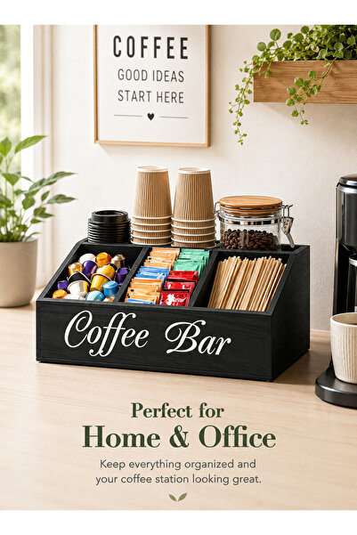 Yoawllty Black Solid Wood Coffee Station Storage Organizer, Multi Grid Coffee...