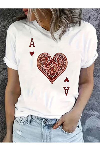 1001 Line تي شيرت نسائي بتصميم جرافيك أبيض، تصميم آس القلوب، خفيف الوزن وقابل...