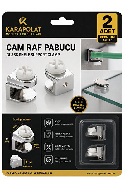 KARAPOLAT Cam Raf Pabucu Metal Cam Raf Tutucu Etejer Kelepçesi Vidalı Krom 2 ...