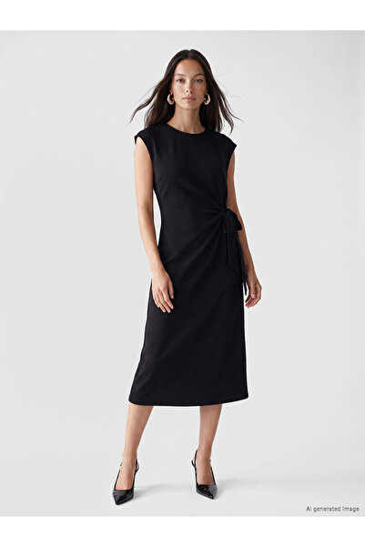 LC Waikiki Lcw Studio Black Crew Neck Gathered Dress