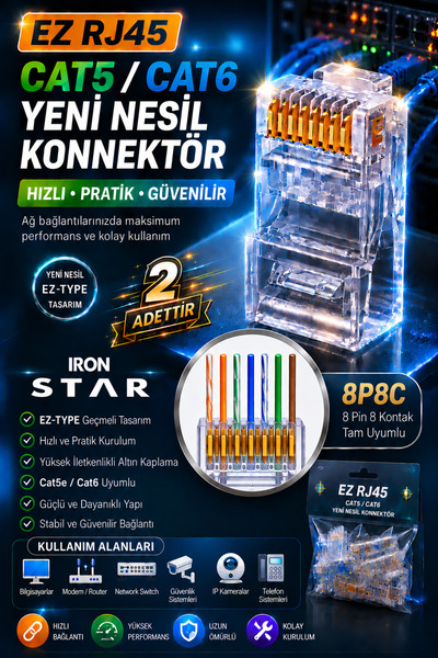 IRONSTAR 2 adet EZ RJ45 jak Cat6 / EZ RJ45 Jack Cat5e Cat6 / Delikli RJ45 Kon...
