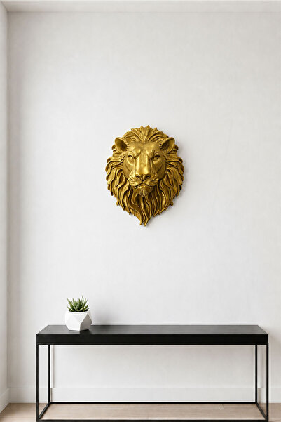 Aslan Figürü Doğal Görünümlü Duvar Süsü - Aslan Kafası Duvar Süsü Gold