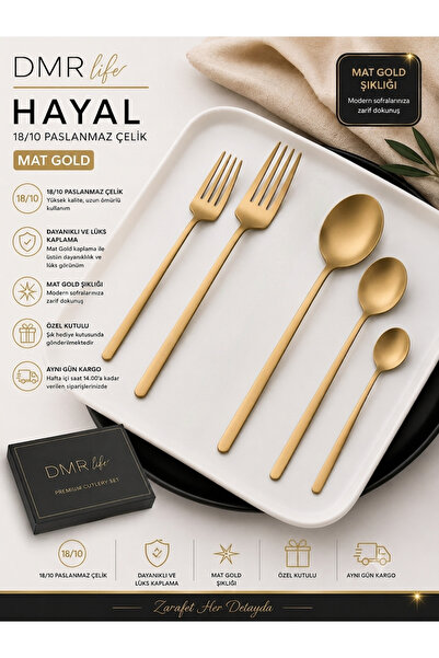 DMR LİFE Hayal Model Titanyum Mat Gold 60 Parça 12 Kişilik Çatal Kaşık Takımı...