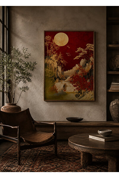 Boho wellness studio Ahşap Çerçeveli Kızıl Ay ve Doğa Manzarası Japon Stil Po...