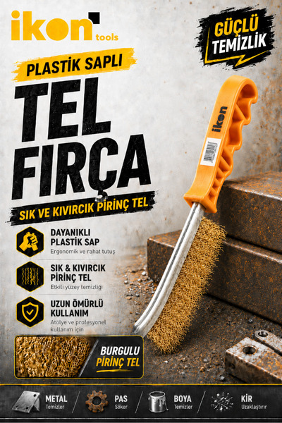 İkon Tools Plastik Saplı Tel Fırça Pirinç Tel Metal Pas Boya Kir Temizleme Fı...