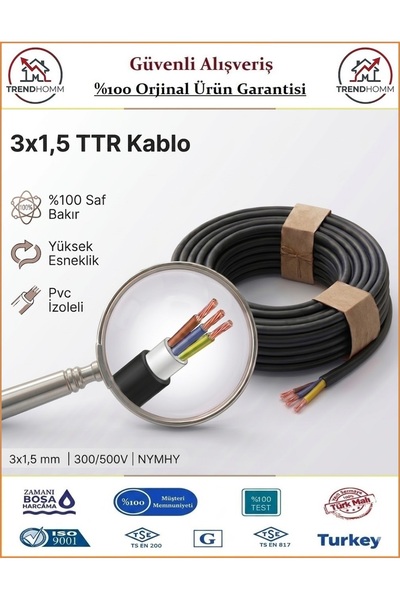 ÖZNUR 3x1,5 TTR Elektrik Kablosu - El Aletleri Uzatma Kablosu - Siyah - %100 ...