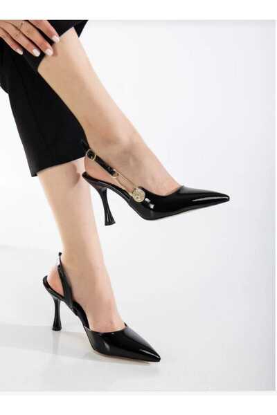 lady feet Kadın Sivri Burun Konik 7cm Topuklu Siyah Slingback Yandan Tokalı Y...