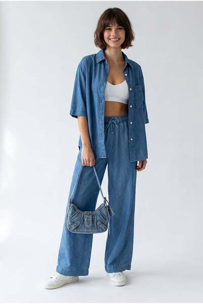 Mixray 2134 Women's Tencel Comfortable Cut Shirt and Pants Set Navy Blue