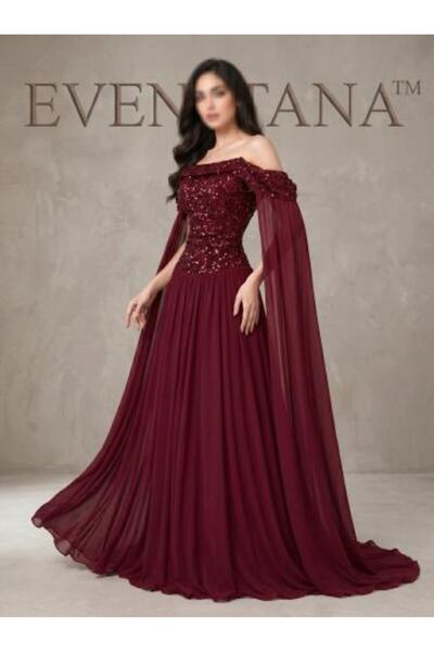 EVENTTANA Burgundy Chiffon Sequined Double Cowl Dress |   Evanitana