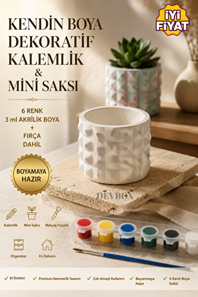 devhome Kendin Boya Dekoratif Kalemlik & Mini Saksı Seti | Geometrik Tasarıml...