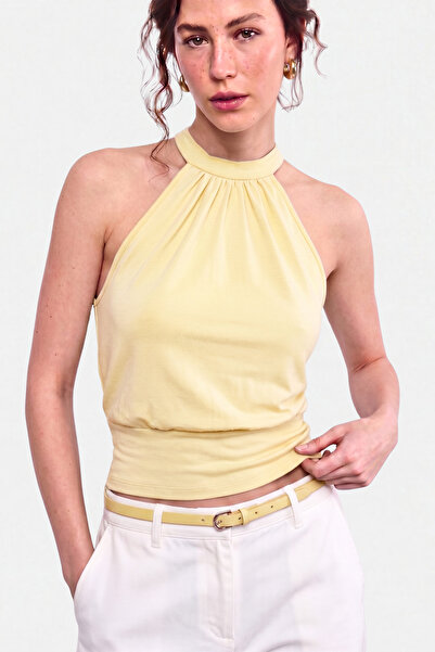 VODENS Butter Yellow Fitted 97% Cotton Lace-Up Blouse